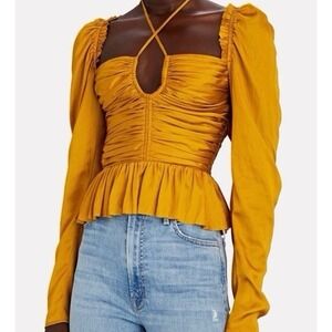 ULLA JOHNSON Mirelle Plissé Satin Ruched Blouse Long Sleeve Mustard Gold Size 8